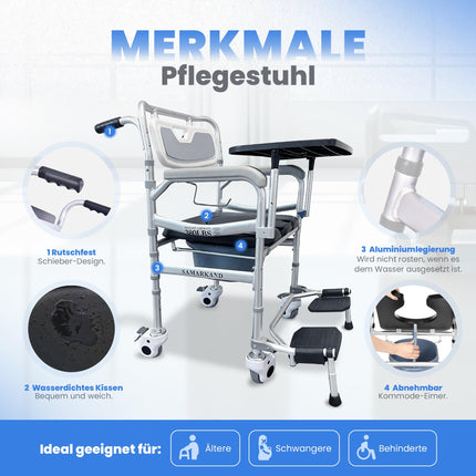 Tualetes krēsls senioriem ar dušas sēdekli, ratiņkrēslu un noņemamu ēdiena paplāti - Dušas krēsls senioriem - Paaugstināts tualetes sēdeklis pieaugušajiem - Tualetes krēsli - Tualetes krēsls ar riteņiem līdz 170 kg