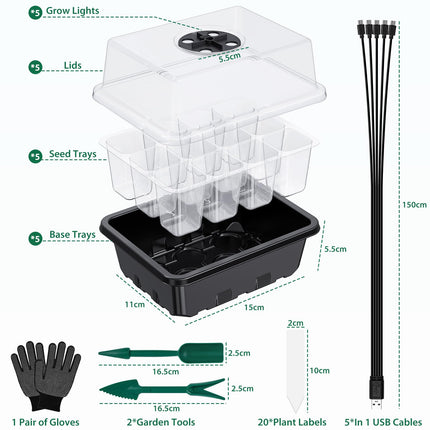5 sēklu paplātes ar augšanas gaismu, sēklu sākuma paplātes, iekštelpu siltumnīcas audzēšanas kaste sēklu un stādu dīgšanai