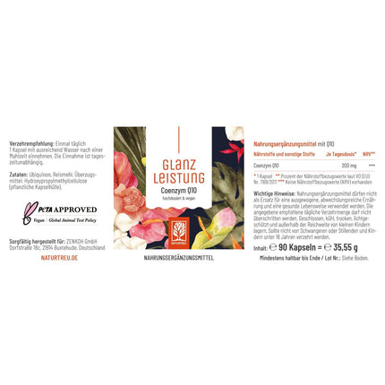NATURTREU® Glanzleistung - koenzīma Q10 kapsulas ar lielu devu 200 mg vienā kapsulā - 90 vegānas kapsulas 3 mēnešiem - tīrs ubikinons no augu fermentācijas