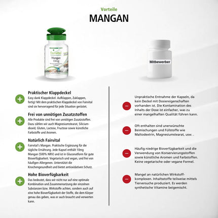 Fairvital | Mangāna kapsulas 10 mg - 90 kapsulas - AUGSTA DEVA - no mangāna glikonāta - vegāns - svarīgs mikroelements - mangāns