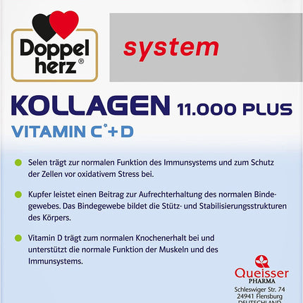 Doppelherz sistēma KOLLAGEN 11,000 PLUS – Ar uzturvielām, kas veicina muskuļu un skeleta sistēmas veselību un šūnu aizsardzību – 2 x 30 dzeramās pudeles