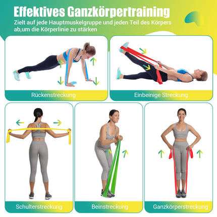 GYMERK fitnesa lentu komplekts (4 gab.), 1,8 m fitnesa lentes, 4 pretestības līmeņi ar vingrojumu plakātu, vingrojumu lente ar pārnēsāšanas somu un vingrojumu instrukcijām, ideāli piemērotas jogai, Pilates, muskuļu veidošanai, fizioterapijai