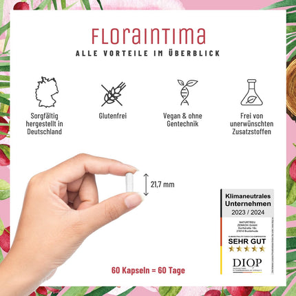 Kultūru komplekss sieviešu intīmajai florai * ar 100 miljardiem CFU/g - ar pienskābes baktērijām, dzērvenēm un B - 7 Lactobacillus celmiem Floraintima no NATURTREU®