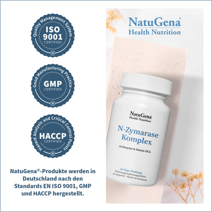 NatuGena N-zimarāzes komplekss, 16 dažādi enzīmi, betaīns, bromelaīns un papaīns, gremošanas enzīmi, 90 kapsulas (30 dienu piegāde)