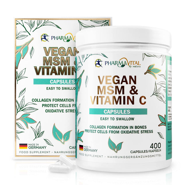 Pharmavital vegāniskās MSM un C vitamīna kapsulas no Vācijas (400 kapsulas) ar augstu devu, 1000 mg metilsulfonilmetāna vienā kapsulā