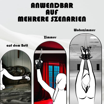 BDSM verdzības komplekts ar SM rokudzelžiem. Ādas statīvs piekaramiem ierobežojumiem pāriem. Erotiski rokudzelži seksa spēlēm. Rokudzelži verdzībai un ekstrēmam baudījumam ar rokudzelžiem.