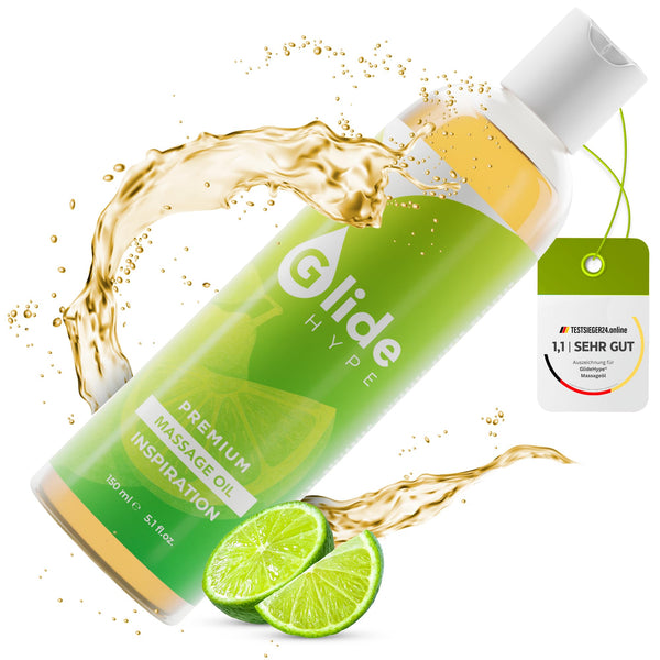 GlideHype PREMIUM masāžas eļļa IEDVESMA ar laima aromātu | Ādas kopšanas lubrikants jutekliskām masāžām un relaksācijai (150 ml)