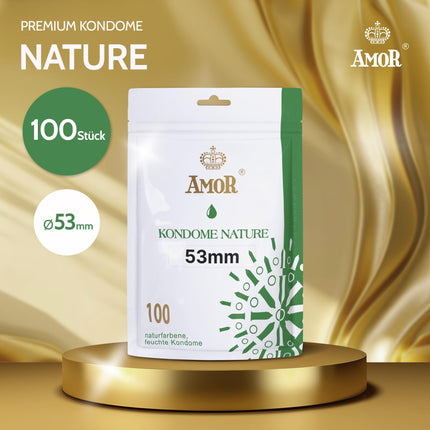 AMOR NATURE 53 mm prezervatīvi 100 gab. iepakojumā | Augstākās kvalitātes prezervatīvi, dabīgā krāsā | Prezervatīvi ar reālistisku sajūtu un īpaši plānu tekstūru | 0,07 mm sieniņu biezums | Vegāniski | Prezervatīvi vīriešiem