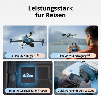 DJI Air 3S (RC-N3), drons ar 4K kameru, divu kameru drons ar 1 collas CMOS platleņķa kameru, 4K/60 kadri/s HDR video un 14 dinamiskā diapazona iestatījumiem, maksimālais lidojuma laiks 45 minūtes, 20 km video pārraide