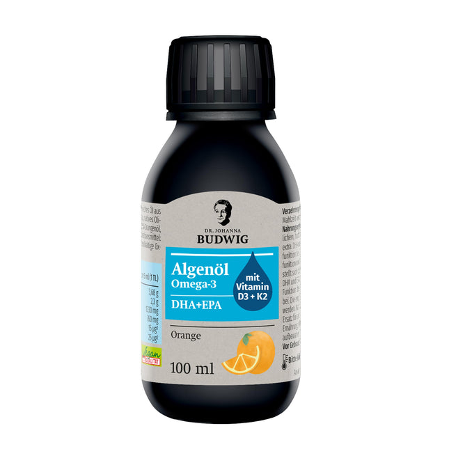 Dr. Johanna Budwig Omega 3 aļģu eļļa vegānam apelsīnu aromātam (100 ml) - augsta deva, bagāta ar DHA, EPA, D3 un K2 vitamīniem - šķidra aļģu eļļa vegānai, šķidra aļģu eļļa laboratoriski pārbaudīta