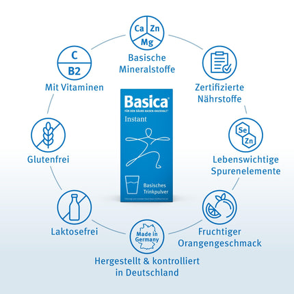Basica® Instant bāzes pulveris ar augļu apelsīnu garšu, kas šķīst ūdenī | normālam skābju-bāzes līdzsvaram | vegāns | bez laktozes | dažādi sārmaini minerāli | 300 grami