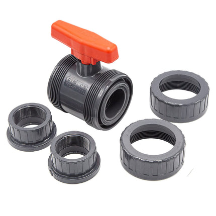 PVC lodveida vārsts ar iekšējo vītni I 1 1/2" x 1 1/2" I Skrūvju savienojums savienotājiem ar ārējo vītni I Divvirzienu noslēgvārsts I PVC cauruļu savienotājs I Lodveida vārsts baseinu un dīķu būvniecībai I bm038