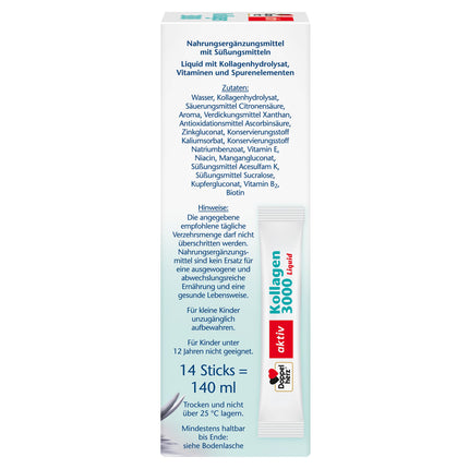Doppelherz Collagen 3000 šķidrums - ādai + saistaudiem - ar A vitamīnu, cinku un biotīnu, kas veicina normālas ādas uzturēšanu – 14 paciņas