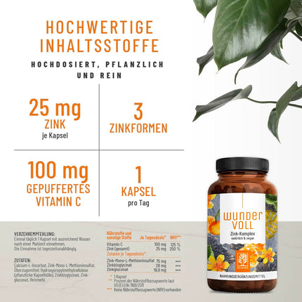 Augstas devas cinks 25 mg - trīskāršā C vitamīna cinka kapsulas - 90 dienu piegāde - vegāns - ražots Vācijā un laboratorijā pārbaudīts - NATURTREU® Wundervoll