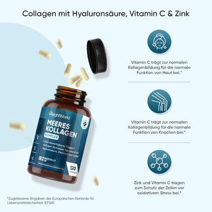 Jūras kolagēna komplekss - 1200 mg hidrolizētu zivju kolagēna peptīdu - ar hialuronskābi, koenzīmu Q10, C vitamīnu, cinku - 120 kolagēna hialuronskābes kapsulas - WeightWorld