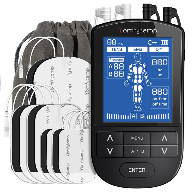 Comfytemp 4 kanālu 8 elektrodu TENS/EMS/DIY ierīce sāpju terapijai ar 24 režīmiem, masāža rokām, kājām, mugurai, pleciem, kaklam ar 10 elektrodu spilventiņiem K6106