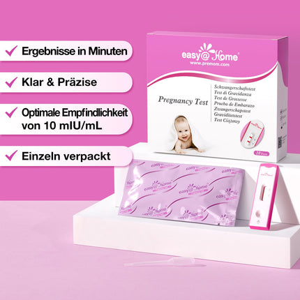 Easy@Home 10 grūtniecības testi Agrīns tests: agrīna noteikšana ar augstu jutību 10 mSV/ml Ātra un uzticama HCG testa kasete precīziem rezultātiem