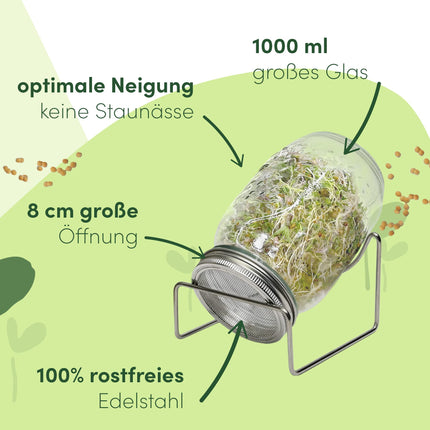 Green SEEDS dīgšanas burciņa, 2 gab. komplekts, 1000 ml, ar augstas kvalitātes nerūsējošā tērauda sieta vāku, statīvu + BEZMAKSAS dīgšanas ABC [Drukātas versijas]