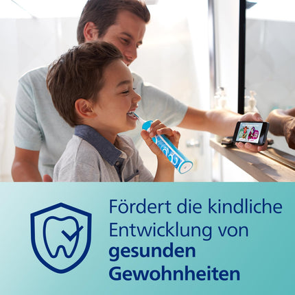 Philips Sonicare For Kids, elektriskā soniskā zobu birste ar lietotni, bērniem no 3 gadu vecuma, ar SmarTimer un QuadPacer rūpīgai tīrīšanai, tirkīza krāsā, modelis HX6322/04