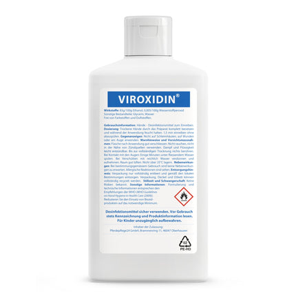 Viroxidin roku dezinfekcijas līdzeklis - 500 ml Eurodispenser pudele - pretvīrusu iedarbība - iznīcina 99% baktēriju - 83% spirta (etanola) - ierīvējams roku dezinfekcijas līdzeklis pret baktērijām, vīrusiem un sēnītēm - 500 ml (430 g)