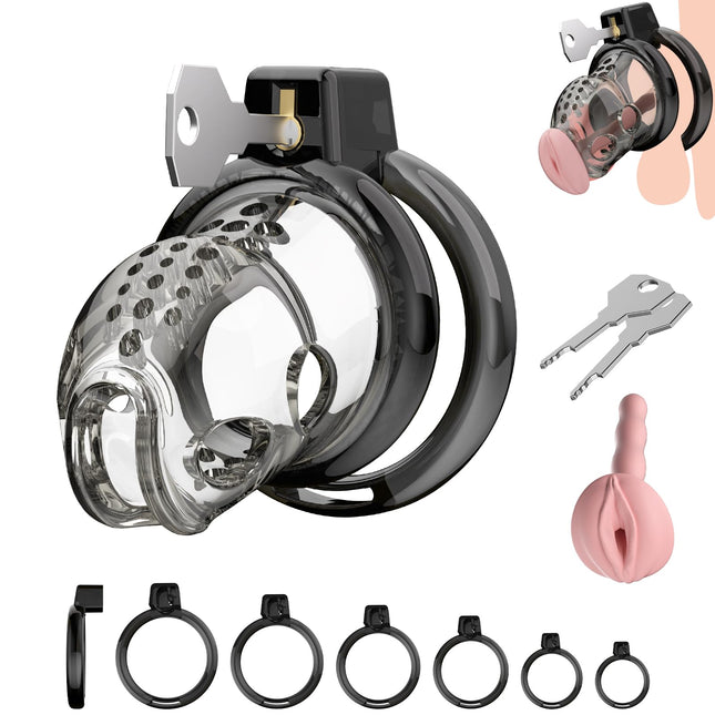 Chastity Cage Männer Peniskafig Keuschheitskafig Herren aus Harz & Premium Silikon mit 6 Penisringen - Ultraleicht & Unsichtbar für SM Fetisch, Sex Spielzeug Fesselspiele und Abstinenz | Cock Cage (M)