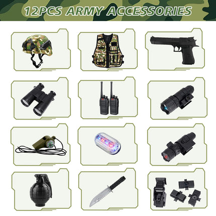 KalaDuck militārais kostīms bērniem, 12 gabalu militārā aprīkojuma rotaļlieta ar Airsoft taktisko ķiveri, militāro vesti, rāciju, lomu spēles Helovīna armijas karavīra maskēšanās kostīms zēniem un meitenēm