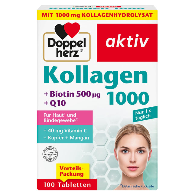 Doppelherz kolagēns 1000 + biotīns + Q10 - mangāns un varš veicina normālu saistaudu veidošanos - 100 tabletes