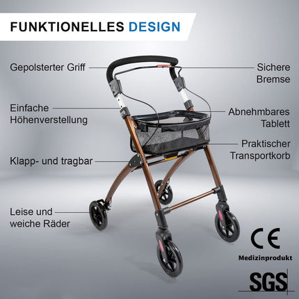 Casa Soft Braun šaurais rullītis lietošanai mājās un iekštelpās, salokāms un viegls, 5 kg | iekštelpu rullators ar regulējamu augstumu no Lösch Reha | Uzticams palīglīdzeklis senioriem staigāšanai