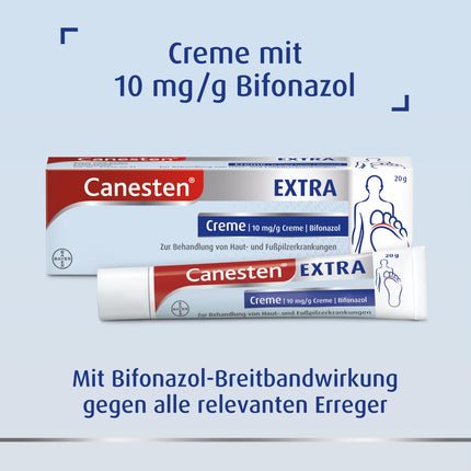 Canesten EXTRA krēms - ādas sēnītes un pēdu sēnītes ārstēšanai - ātras iedarbības pret visām attiecīgajām sēnīšu infekcijām - ar bifonazolu - 1 x 20 g