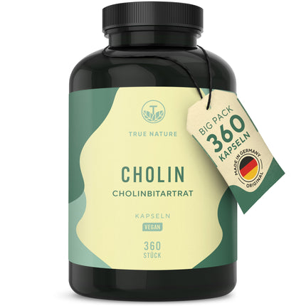 Holīna kapsulas - 360 kapsulas - holīna bitartrāts - *Aknu veselība, homocisteīns un lipīdu metabolisms (EFSA) - vegāns, ražots Vācijā - TRUE NATURE®