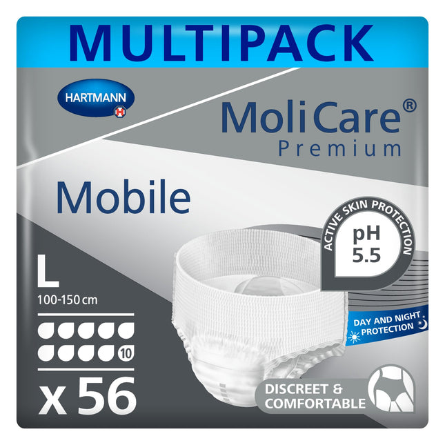 MoliCare Premium mobilās vienreizējās lietošanas biksītes: diskrēta lietošana urīna nesaturēšanas gadījumā sievietēm un vīriešiem; 10 pilieni, L izmērs (100–150 cm gurnu apkārtmērs), 4x14 gabali