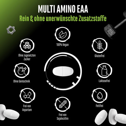 Multi Amino-EAA Pattern Code - 500 tabletes pa 1000 mg katra - Cilvēka koda formula - Visas 8 neaizvietojamās aminoskābes - No augu fermentācijas - Augsta deva - Vegāns