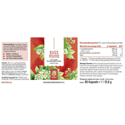 L-lizīns 1000 mg augsta deva - L-lizīna komplekss ar citronmelisu un selēnu - Augstas devas L-lizīna kapsulas - Naturtreu Kussmund vegānisks un laboratoriski pārbaudīts