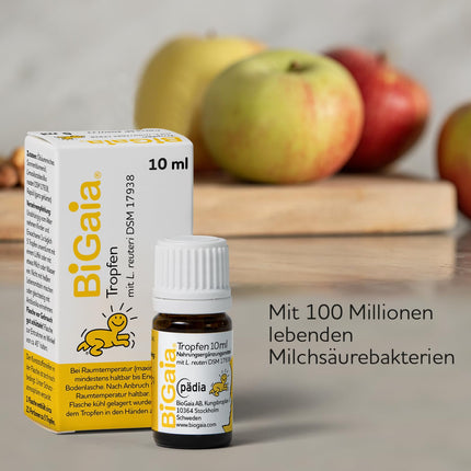 BiGaia® pilieni 10 ml, ar dabīgo pienskābes baktēriju L. reuteri zarnu mikrofloras atbalstam, droši lietojami zīdaiņiem no dzimšanas brīža