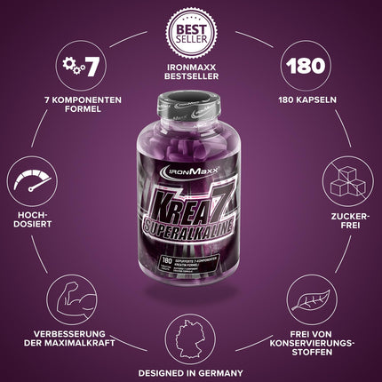 Krea7 Superalkaline kreatīna tabletes 180 gab. - 1590 mg kreatīna vienā tabletē, ar augstas devas 7 komponentu formulu, vegāns un bezcukura kreatīns