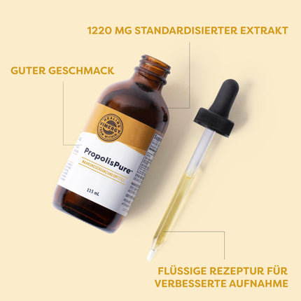 Vimergy PropolisPure™ (57 devas) – 1220 mg propolisa pilieni – standartizēts polifenolu saturam – veģetārs uztura bagātinātājs – bez cukura vai piedevām – bez ĢMO un glutēna (115 ml)