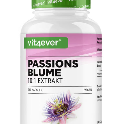 Pasifloras ekstrakts - 240 kapsulas - Premium: 1100 mg ekstrakta 10:1 (atbilst 11000 mg pasifloras) vienā dienas devā - Īpaši liela deva - Bez nevēlamām piedevām - Vegāns - Laboratorijā pārbaudīts
