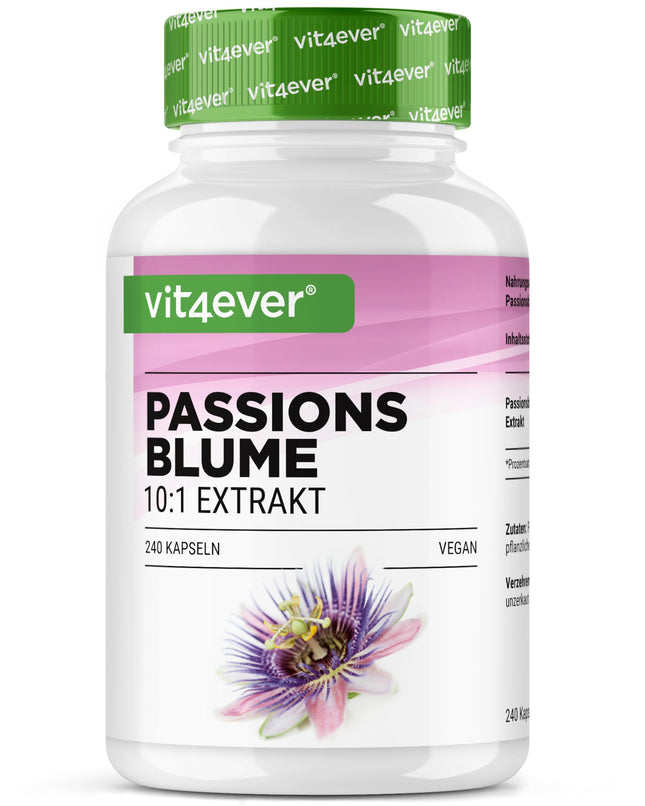 Pasifloras ekstrakts - 240 kapsulas - Premium: 1100 mg ekstrakta 10:1 (atbilst 11000 mg pasifloras) vienā dienas devā - Īpaši liela deva - Bez nevēlamām piedevām - Vegāns - Laboratorijā pārbaudīts