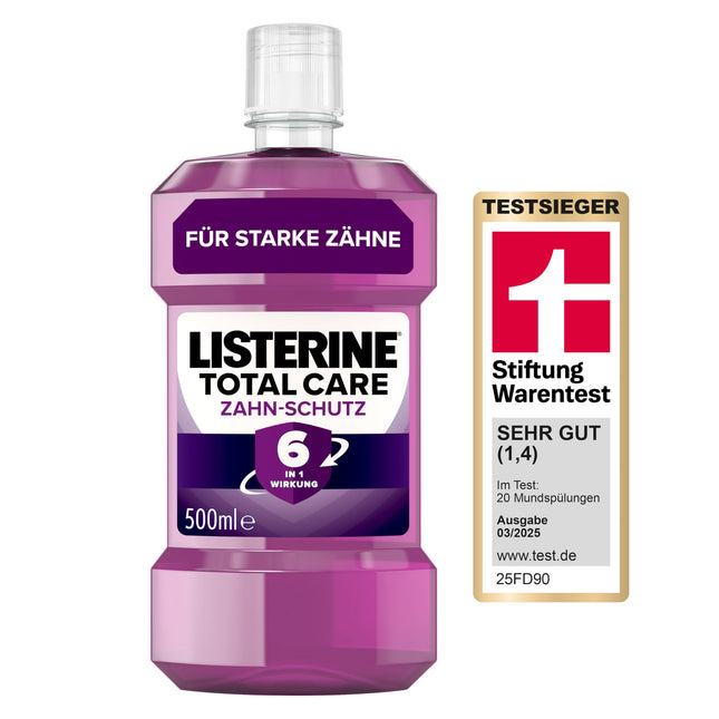 LISTERINE Total Care zobu aizsardzība (500 ml) - Stiftung Warentest testa uzvarētājs, 6 vienā efekts, 24 stundu svaiga elpa, aizsargā pret kariesu un smaganu problēmām, antibakteriāls mutes skalošanas līdzeklis