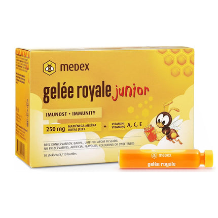 Medex Royal Jelly JUNIOR, svaigs peru pieniņš 250 mg, ar dabīgiem A, C un E vitamīniem, lieliska garša, bez saldinātājiem, bērniem no 3 gadu vecuma, šķidrums ampulās 10 x 9 ml