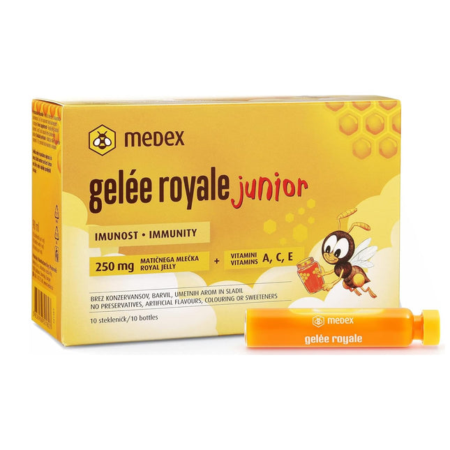 Medex Royal Jelly JUNIOR, svaigs peru pieniņš 250 mg, ar dabīgiem A, C un E vitamīniem, lieliska garša, bez saldinātājiem, bērniem no 3 gadu vecuma, šķidrums ampulās 10 x 9 ml