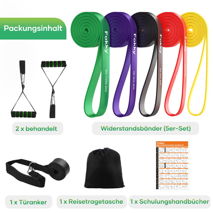 Fokky Fitnessbänder Widerstandsbänder mit 5 Stufen, Resistance Bands mit Türanker, 2*Griffen, Übungsanleitung&Tragebeutel, Gymnastikband Klimmzugband Fitnessband für Muskelaufbau,Yoga,Pilates 5er Set