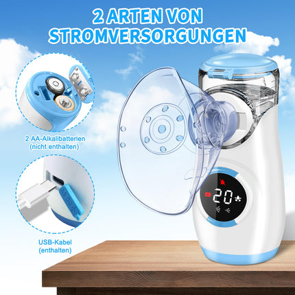 Pilnībā digitāls inhalators, inhalators zīdaiņiem, bērniem un pieaugušajiem, inhalators ar atpakaļskaitīšanu līdz atomizācijai, kluss pārnēsājams inhalators ar 2 maskām un iemutni - zils
