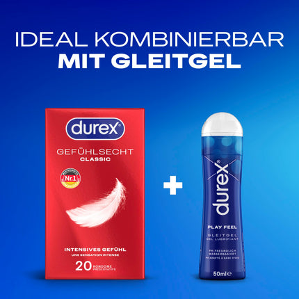 Durex Real Feel Classic prezervatīvi — ideāli pieguļoši un viegli attināmi ar uzticamu aizsardzību — īpaši plāni, mitrināti, caurspīdīgi prezervatīvi ar patīkamu aromātu — 20 iepakojums (1 x 20 gabali)