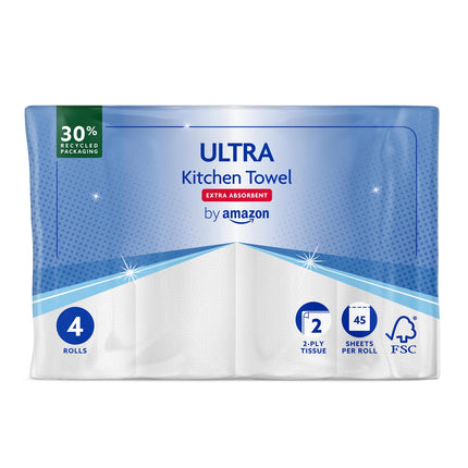 Amazon ULTRA virtuves dvieļi, īpaši uzsūcoši, 4 ruļļi (4 ruļļi, 1 iepakojums), 45 loksnes rullī, izspiežami un atkārtoti lietojami, FSC sertificēti