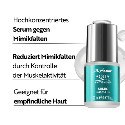 M. Asam AQUA INTENSE Mimic Booster Serum (20 ml) – hialuronskābes serums ar augsto tehnoloģiju peptīdu mērķtiecīgai mīmikas grumbu izlīdzināšanai, vārnu kājiņu, pieres grumbu un smieklu līniju mazināšanai, sejas kopšanai