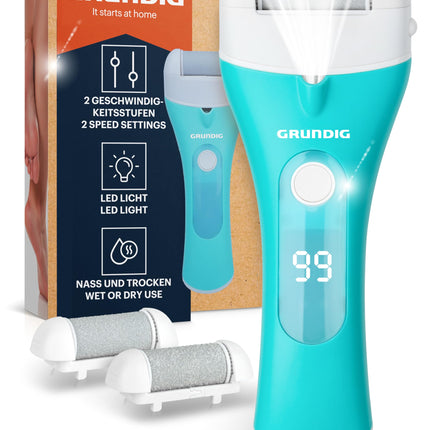 Grundig Electric Callus Remover Pro - ātri noņemiet ādas sacietējumus, neliecoties - Premium klases bezvadu ādas sacietējumu noņēmējs mitram + sausam darbam ar apgaismojumu, 3 pēdu rullīšiem, uzlādējams (ātrasepju noņēmējs)