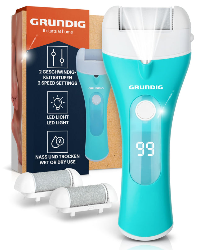 Grundig Electric Callus Remover Pro - ātri noņemiet ādas sacietējumus, neliecoties - Premium klases bezvadu ādas sacietējumu noņēmējs mitram + sausam darbam ar apgaismojumu, 3 pēdu rullīšiem, uzlādējams (ātrasepju noņēmējs)