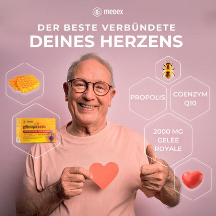 Medex Royal Jelly Cardio 2000 mg - sirds vitamīni - ar peru pieniņu, Q10, B1, D3, K2 vitamīniem un propolisu - uztura bagātinātājs - 10 ampulas - 10 dienas