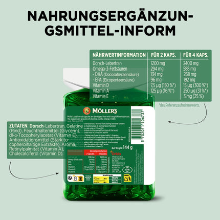 Moller's ® | Mencu aknu eļļas kapsulas | Omega-3 taukskābes DHA un EPA, Satur A, D un E vitamīnus, Atbalsta imūnsistēmu, sirds darbību, smadzeņu darbību un redzi | 160 gabali